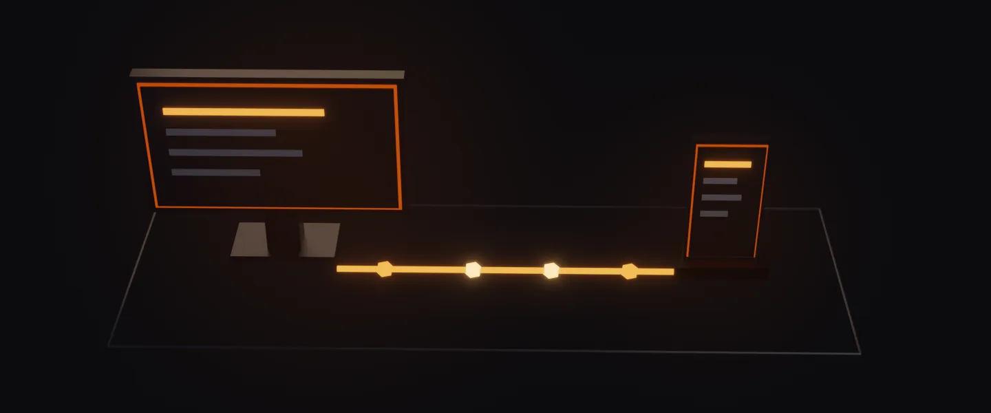 A desktop screen and a phone on one local network, joined by a single lit amber path carrying packets, with no cloud between them