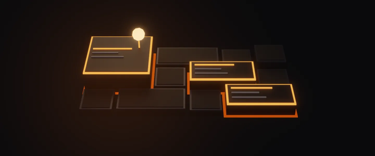 Isometric bento of app panels at mixed heights, three lit in coral with content rows and one active indicator above the largest tile