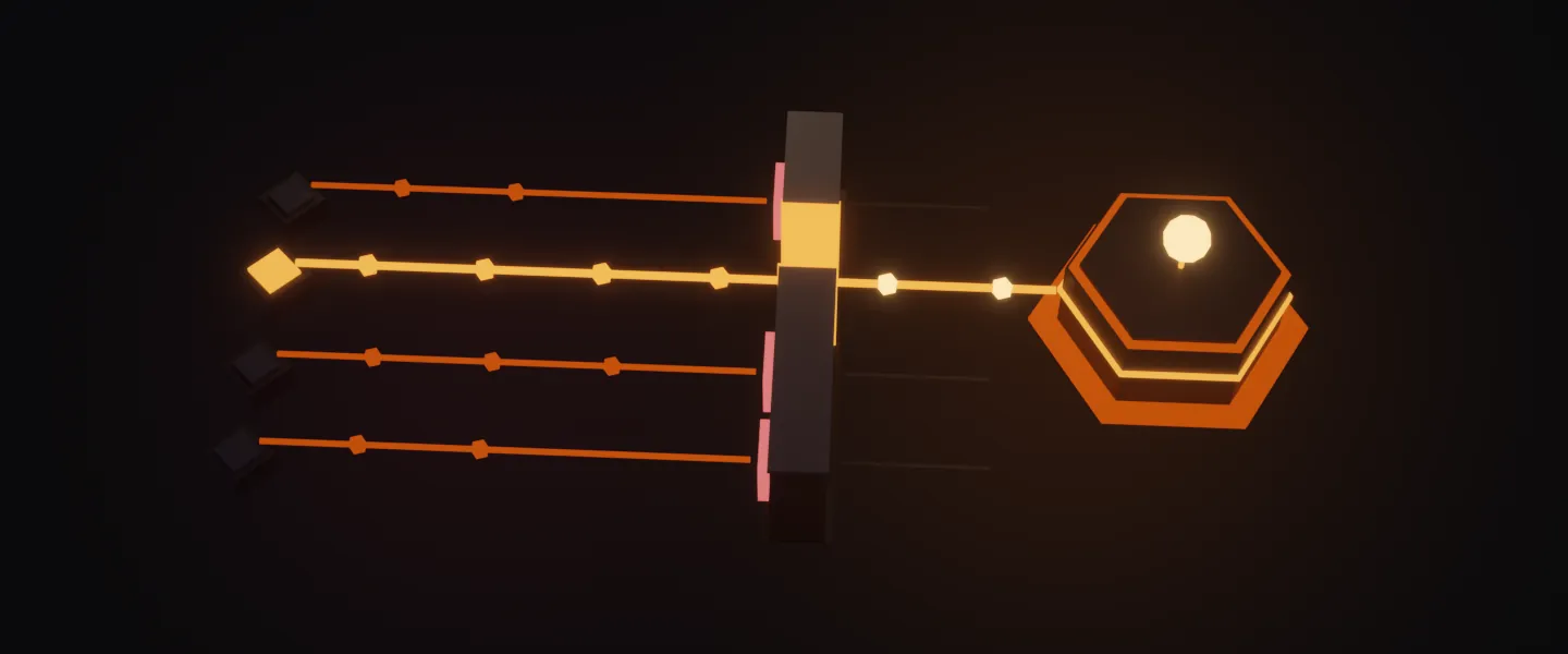 Four request lanes meeting a barrier: three stop at red deny bars, one passes through a lit slot and continues to a sealed hexagonal vault with a glowing core